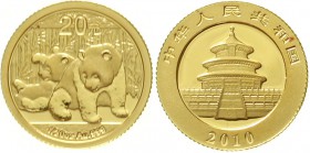 CHINA und Südostasien China Volksrepublik, seit 1949
20 Yuan GOLD 2010. Zwei Pandas beim Spielen. 1/20 Unze Feingold.
Stempelglanz, kl. roter Fleck