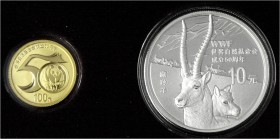CHINA und Südostasien China Volksrepublik, seit 1949
2 Stück: 100 Yuan GOLD und 10 Yuan Silber 2011. 50 Jahre WWF. WWF Logo auf Globus und 2 Antilope...