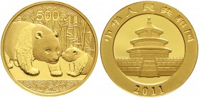 CHINA und Südostasien China Volksrepublik, seit 1949
500 Yuan GOLD 2011. Panda mit Jungtier. 1 Unze Feingold.
Stempelglanz