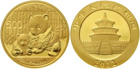 CHINA und Südostasien China Volksrepublik, seit 1949
500 Yuan GOLD Panda 2012. Panda mit Jungtier. 1 Unze Feingold, verschweißt.
Stempelglanz