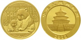 CHINA und Südostasien China Volksrepublik, seit 1949
100 Yuan GOLD 2012. Panda mit Jungtier. 1/4 Unze Feingold, verschweißt.
Stempelglanz