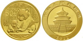 CHINA und Südostasien China Volksrepublik, seit 1949
50 Yuan GOLD 2012. Panda mit Jungtier. 1/10 Unze Feingold, verschweißt.
Stempelglanz