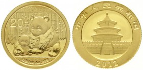 CHINA und Südostasien China Volksrepublik, seit 1949
20 Yuan GOLD 2012. Panda mit Jungtier. 1/20 Unze Feingold, verschweißt.
Stempelglanz
