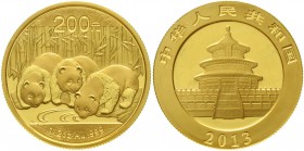 CHINA und Südostasien China Volksrepublik, seit 1949
200 Yuan GOLD Panda 2013. 3 Pandas am Wasser. 1/2 Unze Feingold, verschweißt.
Stempelglanz