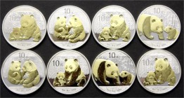 CHINA und Südostasien China Lots der Volksrepublik China
8 X 10 Yuan Panda (je 1 Unze Silber), jeweils mit Teilvergoldung: 2 X 2009, 2 X 2011 und 4 X...