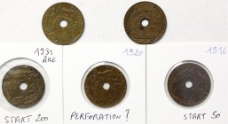 CHINA und Südostasien Französisch Indochina
5 Münzen: Centime 1916, 1920 (unregelmäßige Lochstanzung), 1921, 2 X 1931.
sehr schön bis vorzüglich...