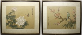 CHINA und Südostasien Japan Varia
2 Seidenmalereien: Vogel auf Kirschblütenzweig, links japanischer Willkommensgruß und Stempel. Schmetterling nähert...