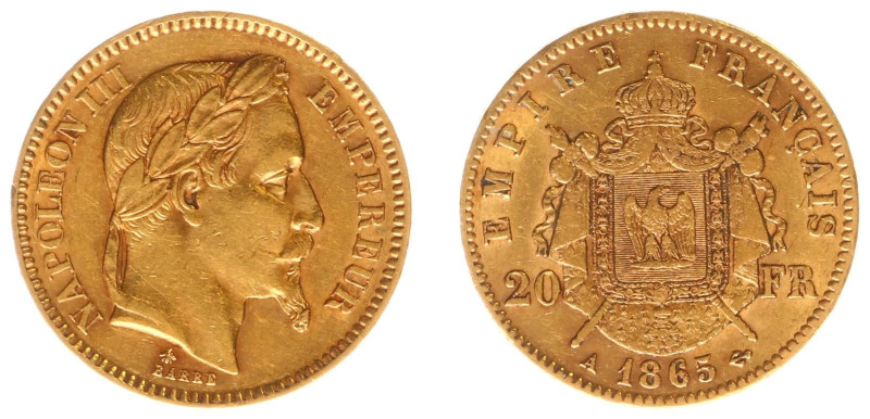 Gold coins - mail bid sale - France - 20 Francs 1865-A (KM801.1, Gad.1062, Fr.58...