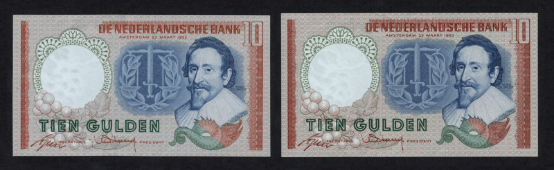 Banknotes Netherlands - 10 Gulden 1953 Hugo de Groot (Mev. 48-1a + 48-1b / AV 36...