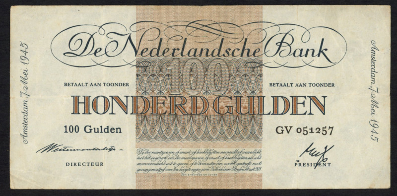 Banknotes Netherlands - 100 Gulden 1945 Geldzuivering (Mev. 119-1a / AV 83.1b) -...