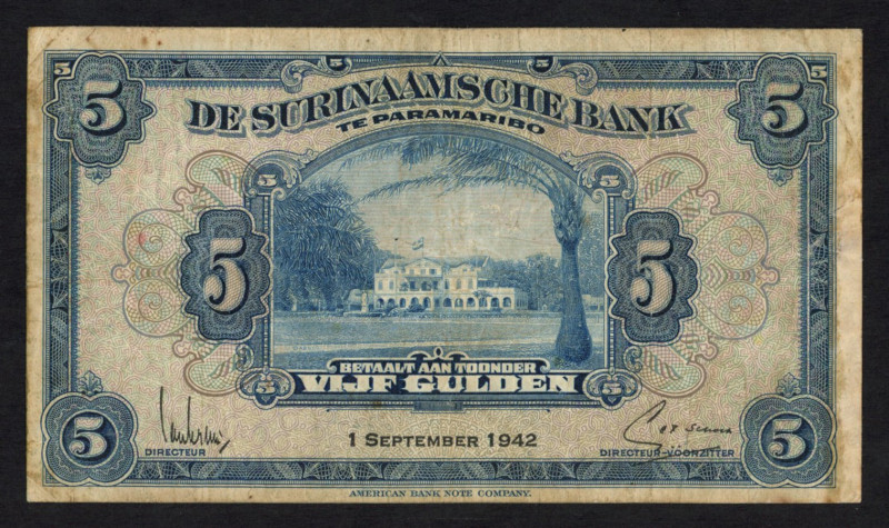 Banknotes Netherlands Oversea - Suriname - 5 Gulden 1.9.1942 Regeringsgebouw (P....