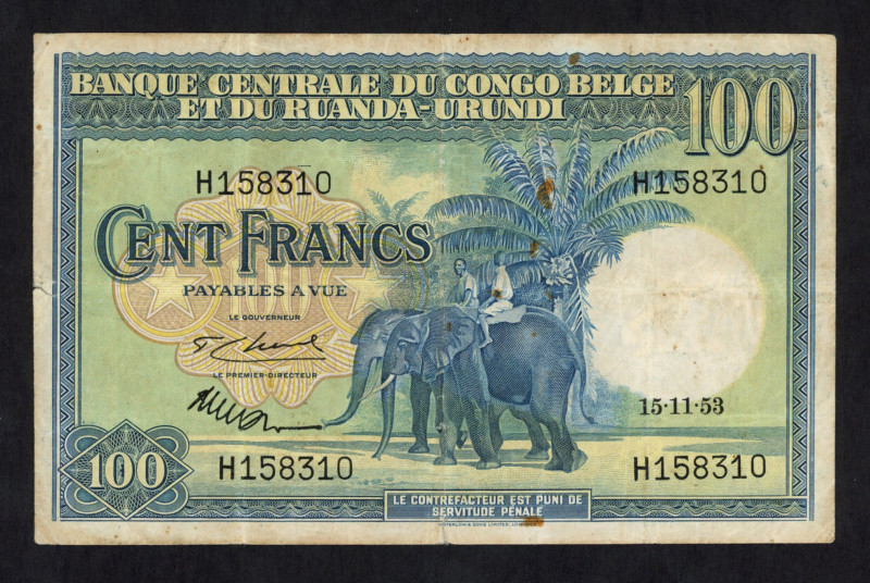 World Banknotes - Belgian Congo - 100 Francs 15.11.1953 Elephants (P. 25a) - rus...