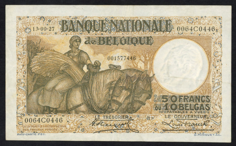 World Banknotes - Belgium - Banque Nationale de Belgique, 50 Francs/10 Belgas 13...