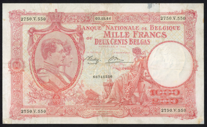 World Banknotes - Belgium - Banque Nationale de Belgique, 1000 Francs = 200 Belg...