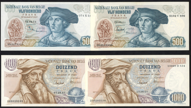 World Banknotes - Belgium - 500 + 1000 Francs 1961+1973, 1967 - Van Orley, Merca...