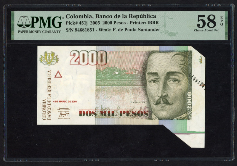 World Banknotes - Colombia - 2000 Pesos 2005 Santander - Error (P. 451j) - Print...