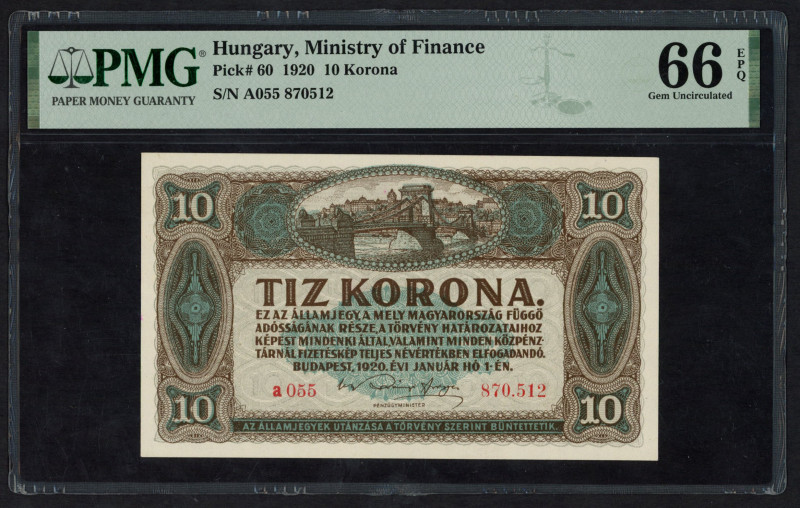 World Banknotes - Hungary - 10 Korona 1.1.1920 (P. 60) - PMG 66 Gem UNC EPQ, onl...