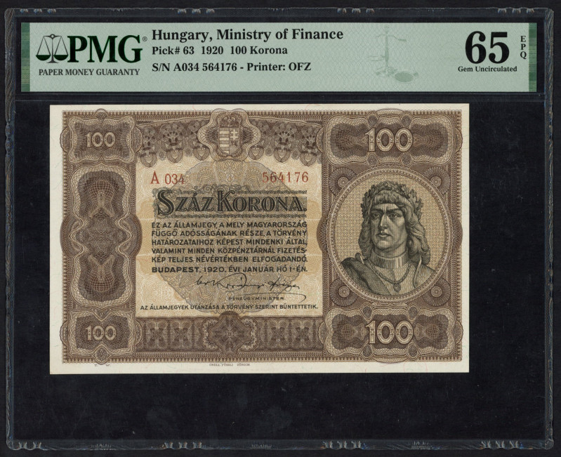 World Banknotes - Hungary - 100 Korona 1.1.1920 (P. 63) - PMG 65 Gem UNC EPQ, on...