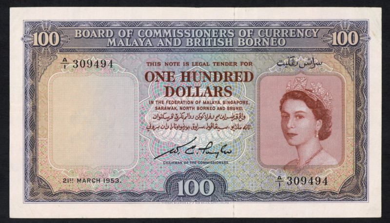 World Banknotes - Malaya and British Borneo - 100 Dollars 21.3.1953 Queen Elizab...