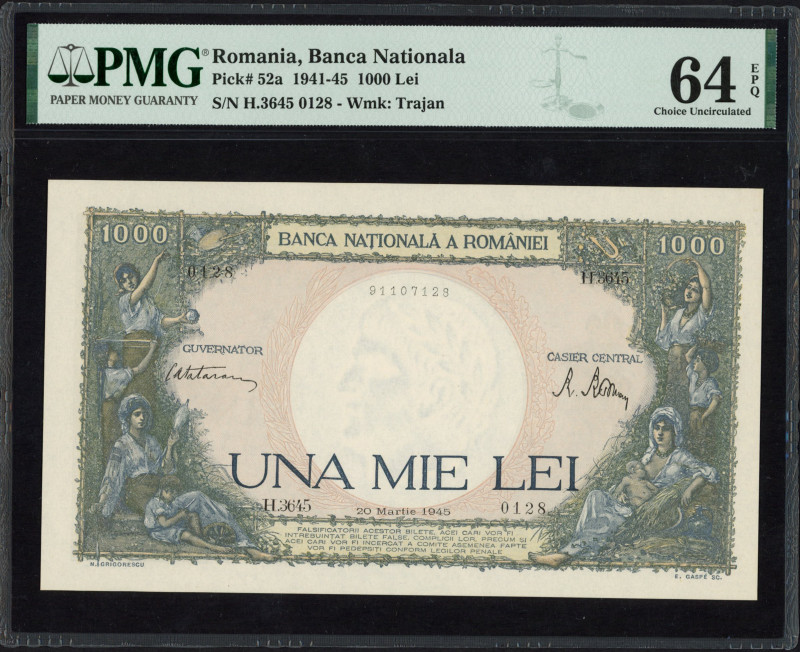 World Banknotes - Romania - 1000 Lei 20.3.1945 (P. 52a) - PMG 64 Choice UNC EPQ