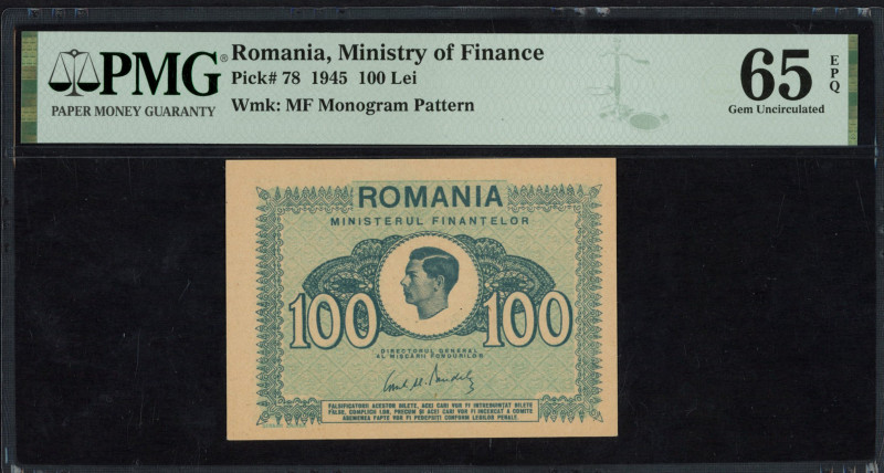 World Banknotes - Romania - 100 Lei 1945 King Michael (P. 78) - PMG 65 Gem UNC E...