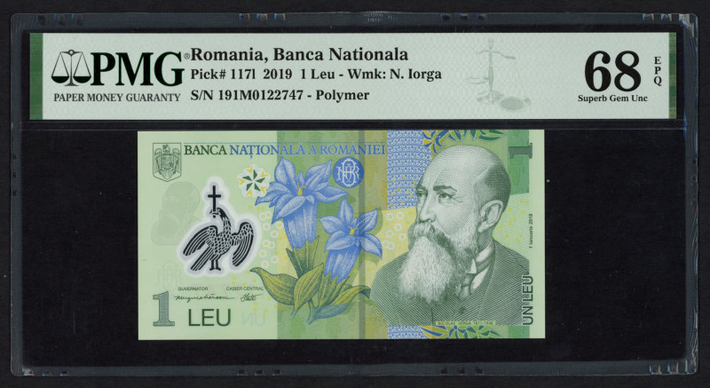 World Banknotes - Romania - 1 Leu 2019 (P. 117l) - PMG Superb Gem UNC 68 EPQ