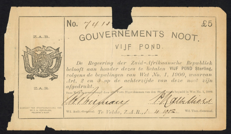 World Banknotes - South Africa - Anglo-Boer War - Gouvernements Noot - 5 Pounds ...