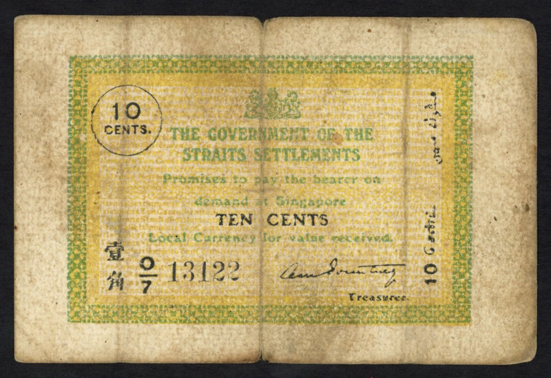 World Banknotes - Straits Settlements - 10 Cents 1919-1920 - with Treasurer (P. ...