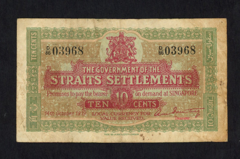 World Banknotes - Straits Settlements - 10 Cents 14.10.1919 (P. 8b) - Fine