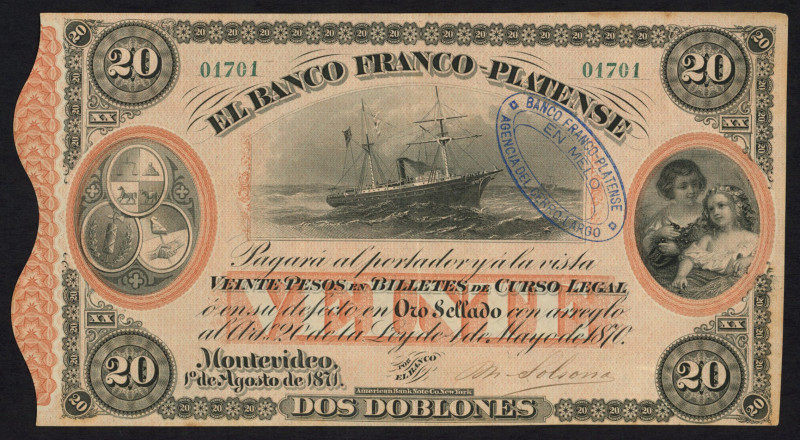 World Banknotes - Uruguay - 20 Pesos = 2 Doblones 1.8.1871 Three shields at left...