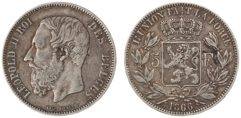 Belgium - Leopold II (1865-1909) - 5 Francs 1866 - dot after F (KM24, Aern.127) ...