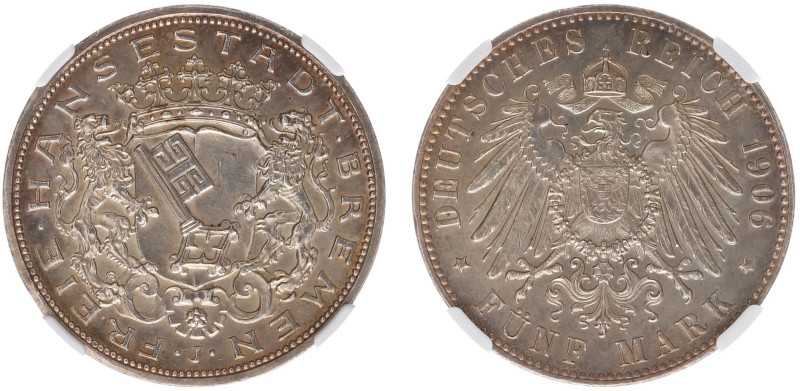 Deutschland - Reich - Bremen - 5 Mark 1906-J (KM251, AKS20, J.60) - Obv: Crowned...