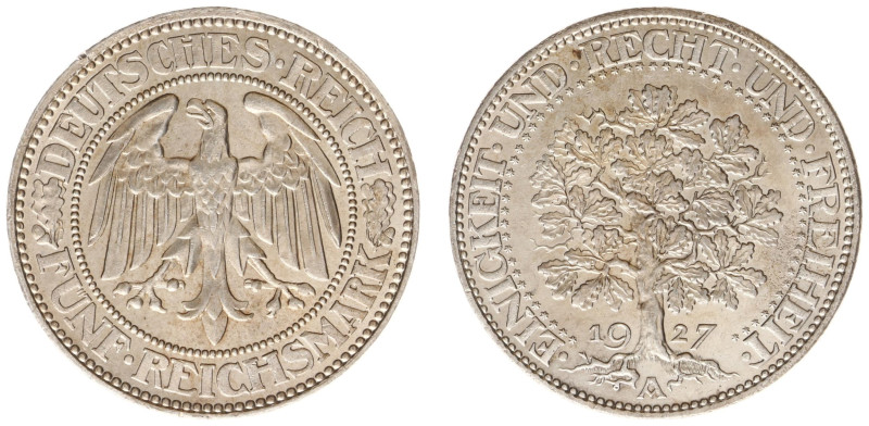 Deutschland - Weimar - 5 Mark 1927-A - Eichbaum (KM56, J.331, AKS25) - Obv: Impe...