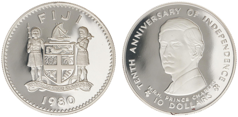 Fiji - 10 Dollars 1980 - 10th Ann. of Independence (KM46a) - Obv: National arms ...