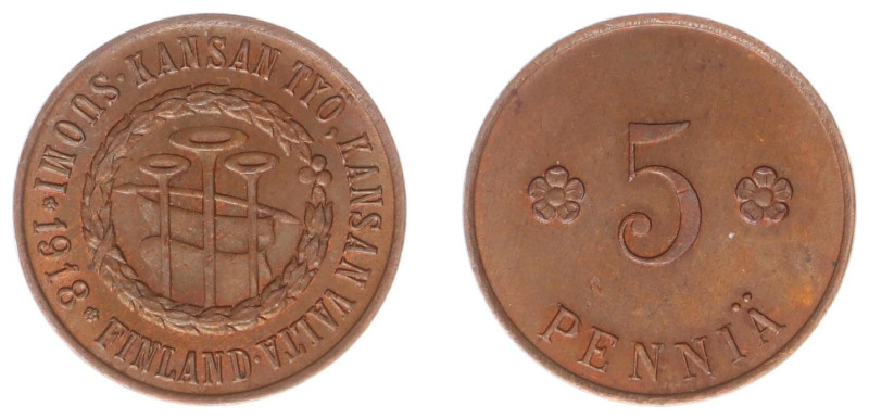 Finland - Civil War (1918) - 5 Penniä 1918 (KM21, Sieg14) - Obv: Three clarion h...