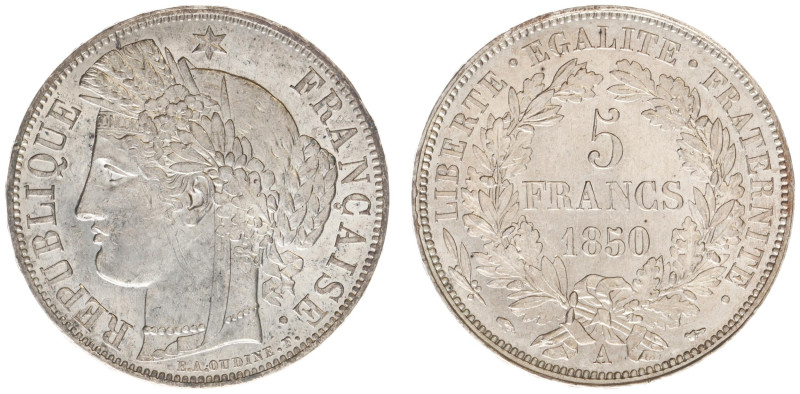 France - Second Republic (1848-1852) - 5 Francs 1850-A (KM761, Gad.719) - Obv: C...