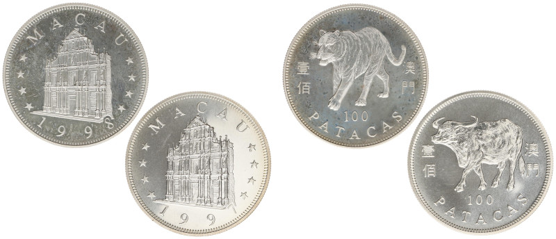 Macau - 100 Patacas 1997 & 1998 (KM84/88) - Obv: Church facade / Rev: Ox and Tig...