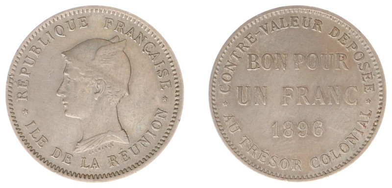 Réunion - Franc 1896 (KM5, Lec.46) - Obv: Mercury head left / Rev: BON POUR UN F...