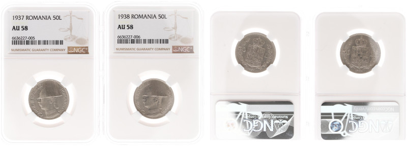 Romania - Carol II (1930-1940) - 50 Lei 1937 & 1938 (KM55, S/S 95/97) - Obv: Hel...