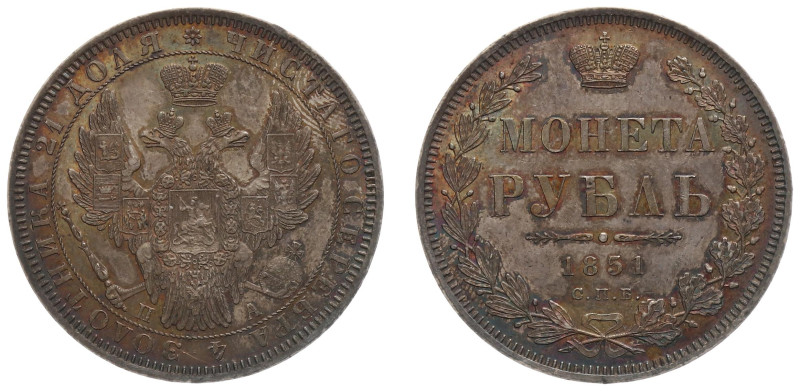 Russia - Nicholas I (1825-1855) - Rouble 1851 СПБ-ПА (KM168.1, Bitkin228) - Obv:...