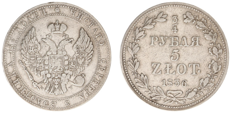 Russia - Nicholas I (1825-1855) - Coins struck for Poland - ¾ Rouble 5 Zlotych 1...