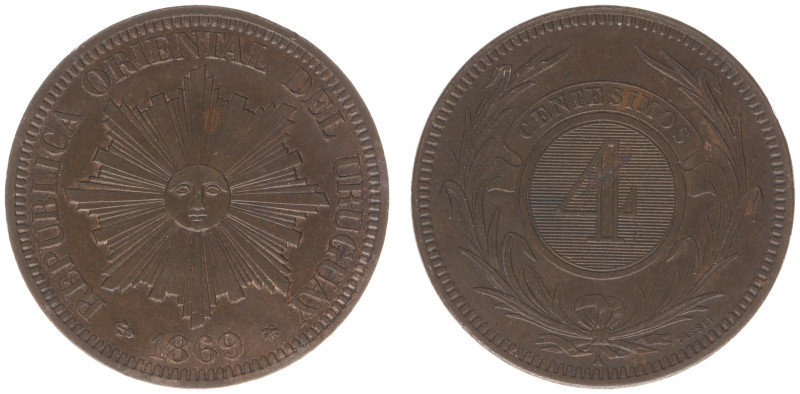 Uruguay - 4 Centesimos 1869-A (KM13) - Obv: Radiant sun face / Rev: Value within...