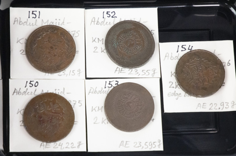 Coins world in boxes - Tunisia - Lot with 5x AE 2 Kharub: AH1275 (4) (KM134.1) &...