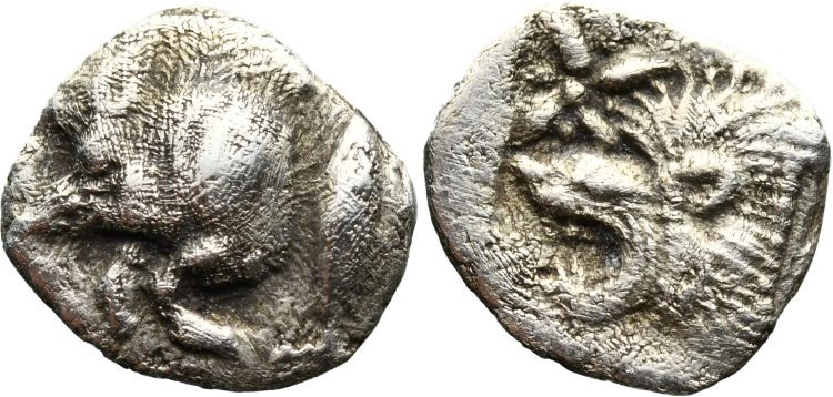 Greek
MYSIA. Kyzikos. (Circa 450-400 BC)
AR Hemiobol (7.5mm 0.23g)