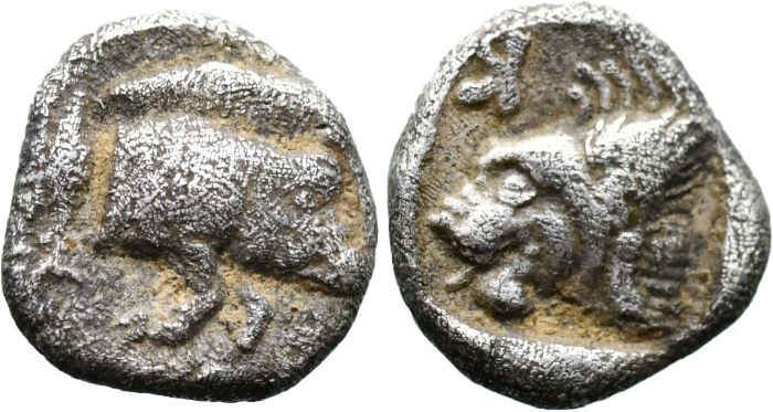 Greek
MYSIA. Kyzikos. (Circa 450-400 BC).
AR Hemiobol (7mm 0.32g)