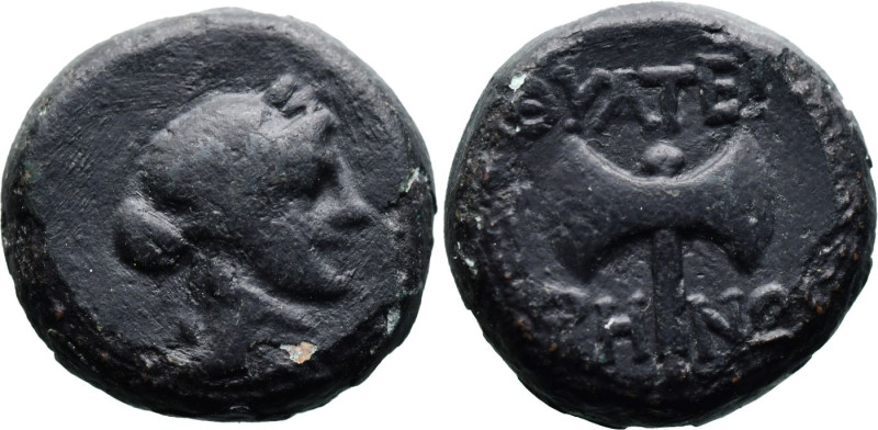 Greek
LYDIA. Thyateira. (145-120 BC)
AE Bronze (14mm 4.49g)
Obv: Laureate hea...