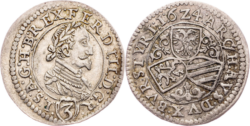 Ferdinand II., 3 Kreuzer 1624, Graz Austria-Hungary, Ferdinand II., 3 Kreuzer 16...