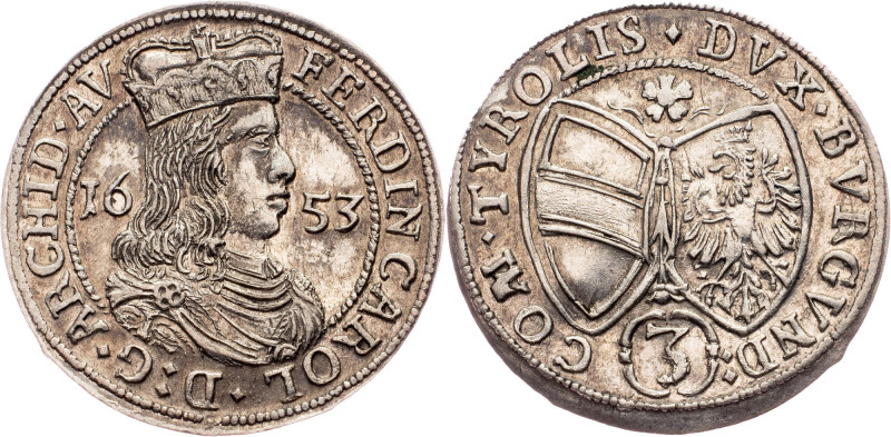 Archduke Ferdinand Charles, 3 Kreuzer 1653, Hall Austria-Hungary, Archduke Ferdi...