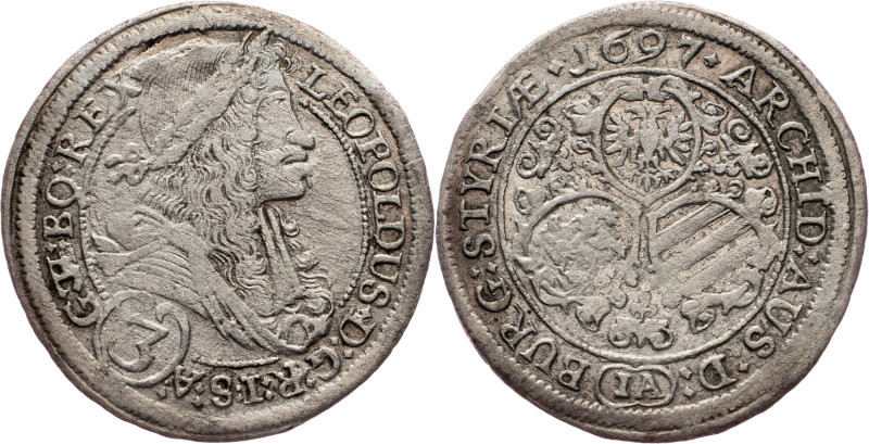 Leopold I., 3 Kreuzer 1697, Graz Austria-Hungary, Leopold I., 3 Kreuzer 1697, Gr...