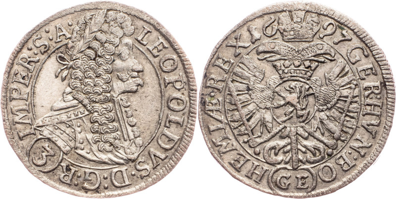 Leopold I., 3 Kreuzer 1697, GE, Prague Austria-Hungary, Leopold I., 3 Kreuzer 16...